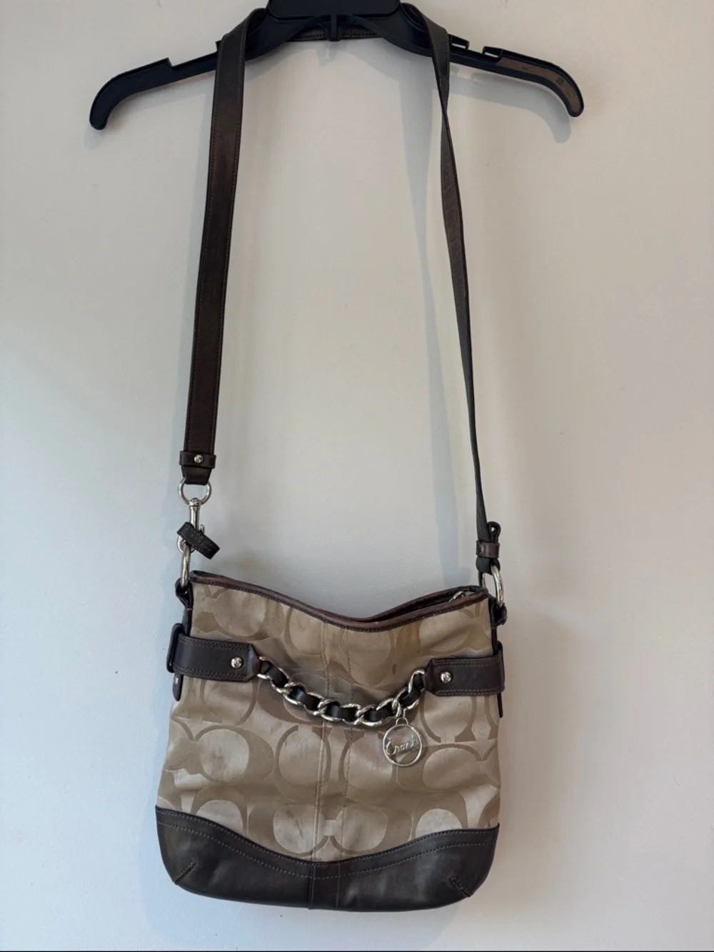 Coach Signature Crossbody Sateen w/Brown Leather Trim & Gold Chain Accent *READ*